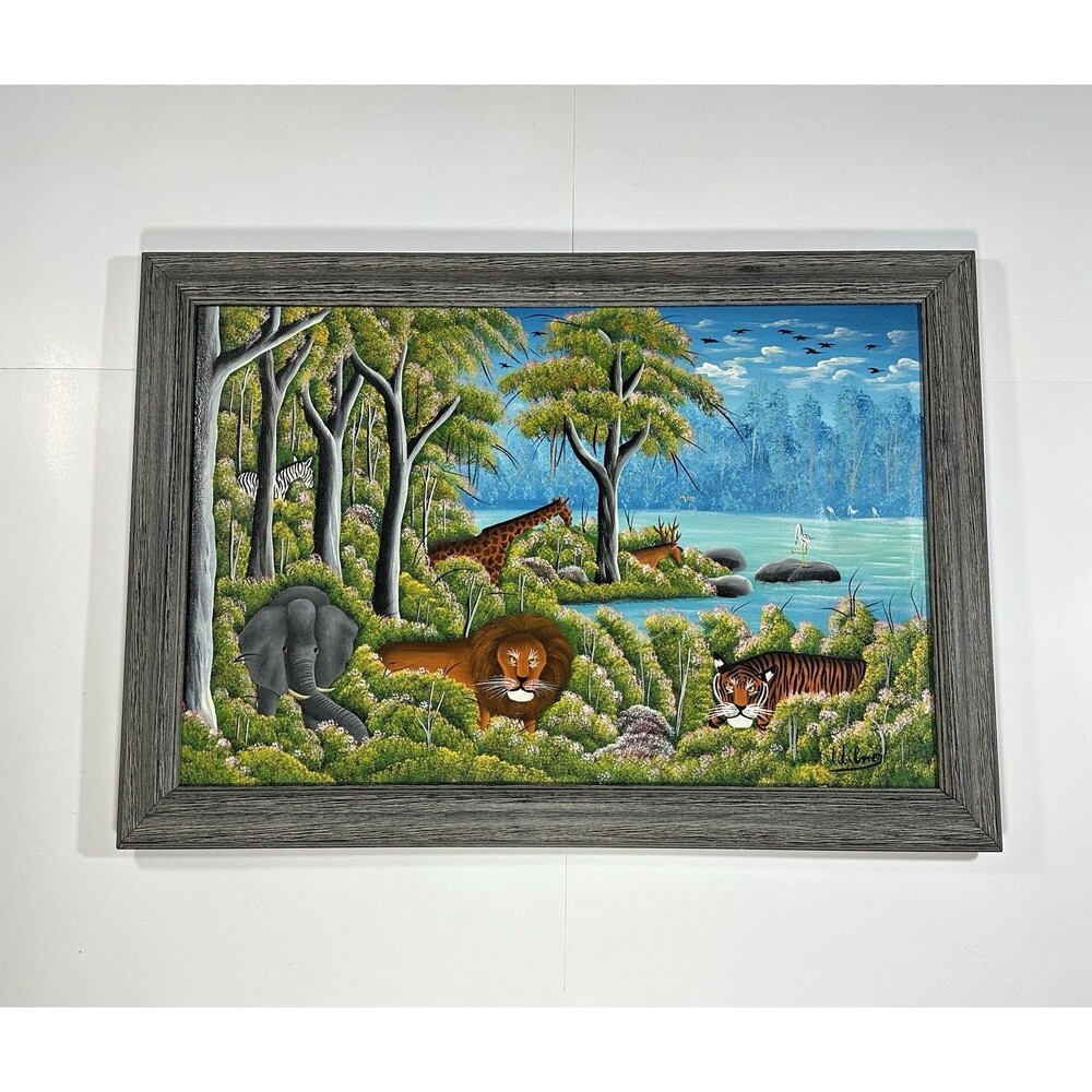 Signed Wilner Cherizol Haitian Oil Painting On Canvas Animals Jungle Vintage 80s